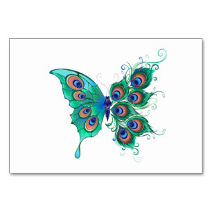 Numéro De Table Papillon aux plumes de paon vert