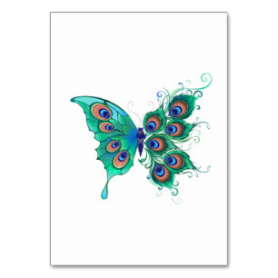 Numéro De Table Papillon aux plumes de paon vert