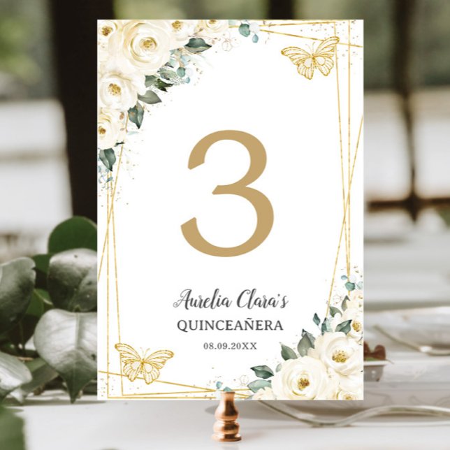 Numéro De Table Papillons floraux blancs quinceañera en ivoire (Créateur téléchargé)