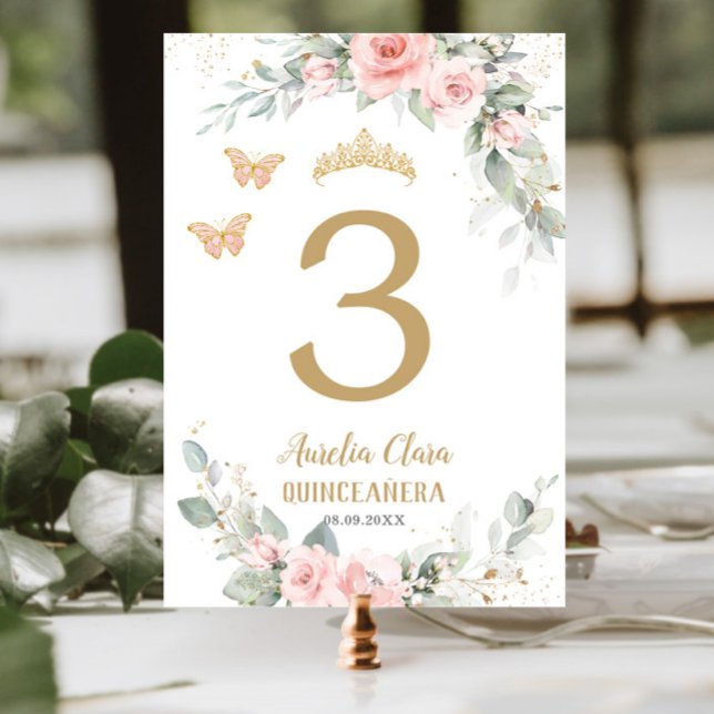 Numéro De Table Papillons Floraux d'or bleu Quinceañera (Créateur téléchargé)