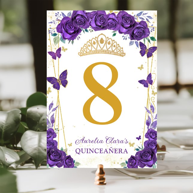 Numéro De Table Papillons floraux Rose pourpres Gold Quinceañera (Créateur téléchargé)