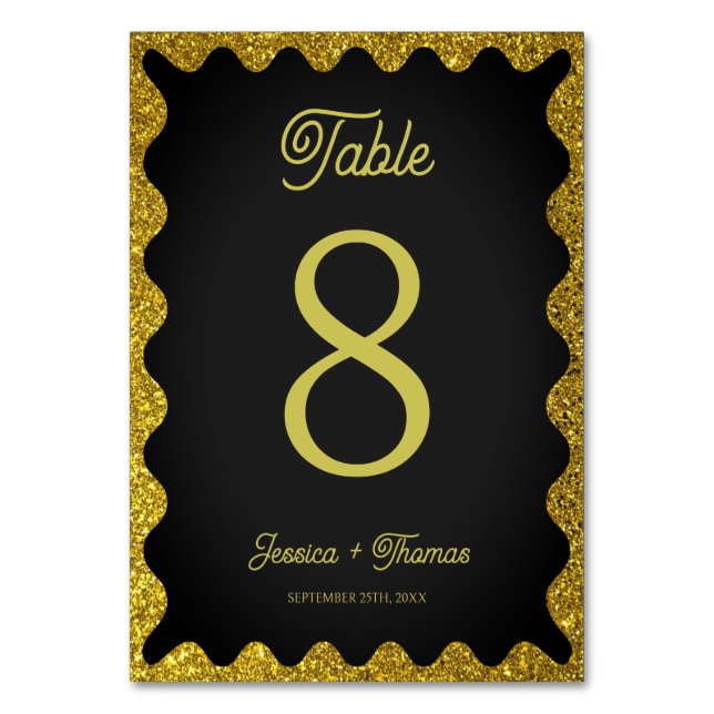 Numéro De Table Parties scintillant Noir et Or Wavy Retro Mariage (Par défaut)