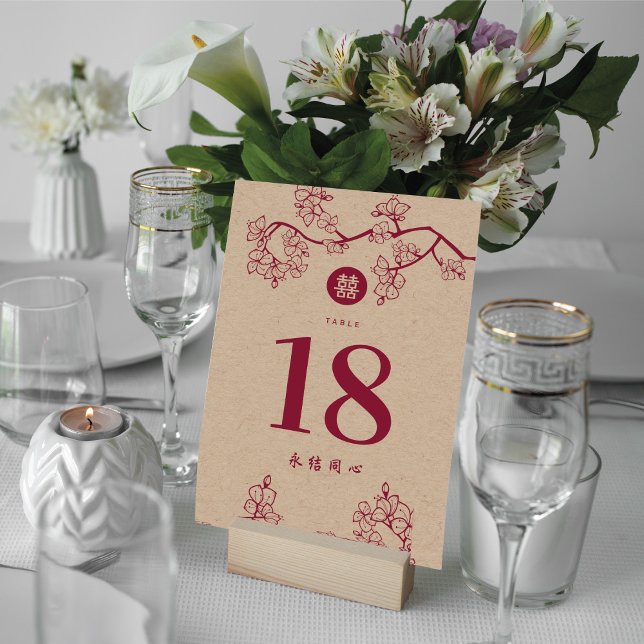 Numéro De Table Peach Crimson Peach/Plum Blossoms Kraft Mariage ch (Créateur téléchargé)