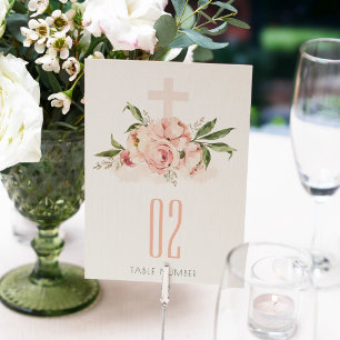 Numéro De Table Peach Peony Floral Cross Bunch Baptism Bienvenue