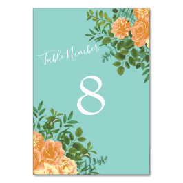 Numéro De Table Pêche Aqua Turquoise Mariage Roses Floral