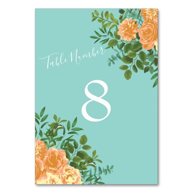 Numéro De Table Pêche Aqua Turquoise Mariage Roses Floral (Dos)