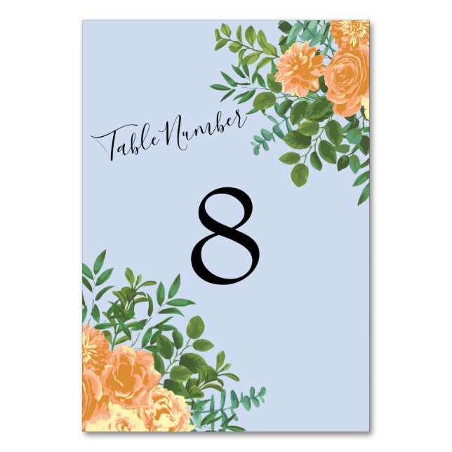 Numéro De Table Pêcher bleu clair Mariage Roses Floral (Dos)