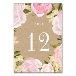 Numéro De Table Peonies roses rousses Mariage papier Kraft