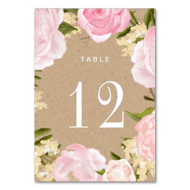 Numéro De Table Peonies roses rousses Mariage papier Kraft (Par défaut)