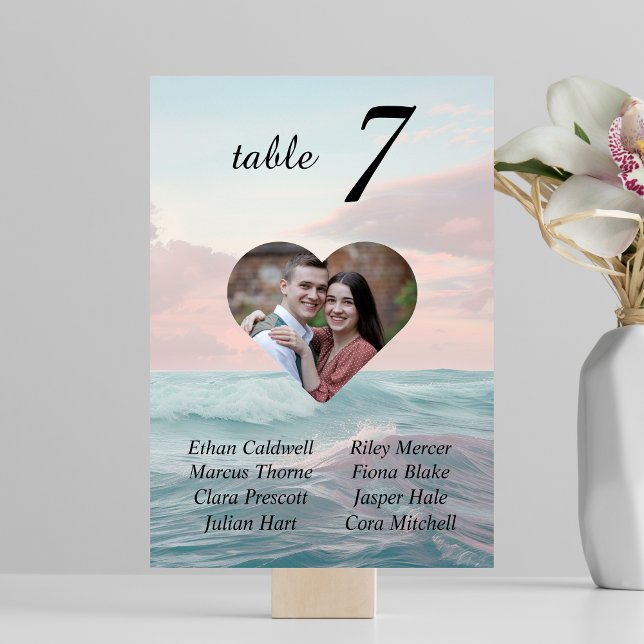 Numéro De Table Photo du coeur du mariage sur la plage (Créateur téléchargé)
