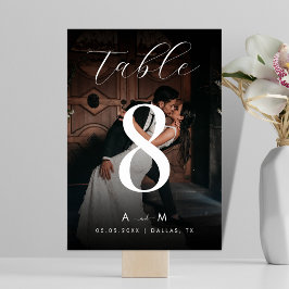 Numéro De Table Photo et monogramme noir foncé Mariage élégant