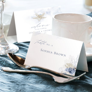 Numéro De Table Plage de corail et coquillages d'aquarelle bleu Ma