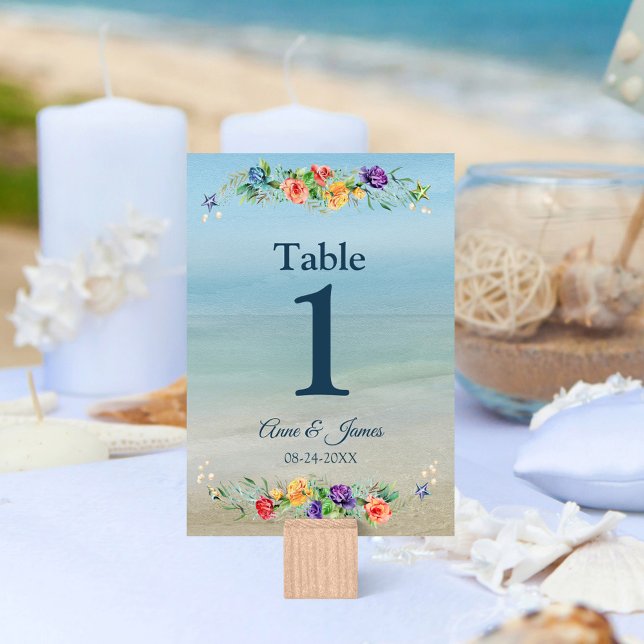 Numéro De Table Plage Océan Aquarelle Mariage Floral (Créateur téléchargé)