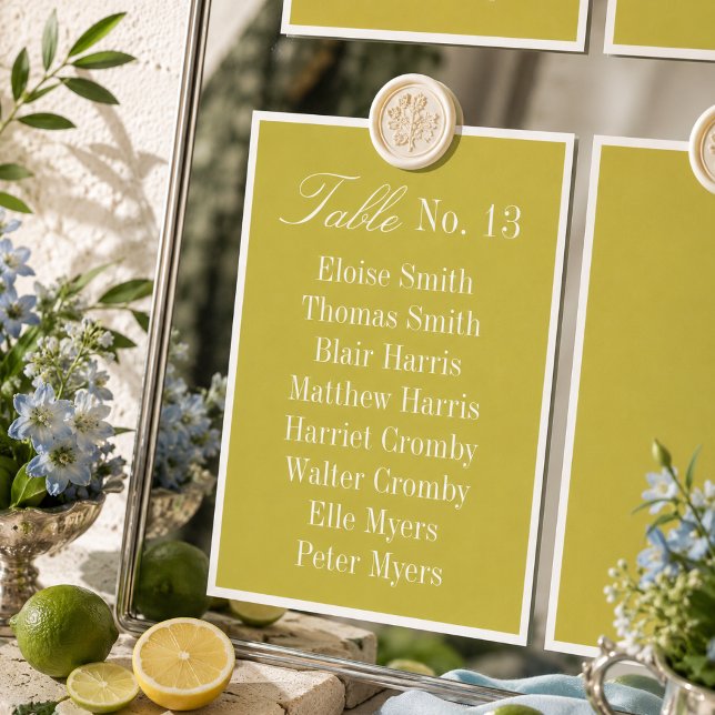 Numéro De Table Plan de table de mariage Chartreuse moderne (Modern Chartreuse Wedding Seating Chart Table Number)