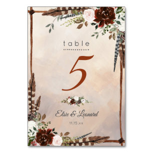 Numéro De Table Plumes rustiques de bois et fleurs florales