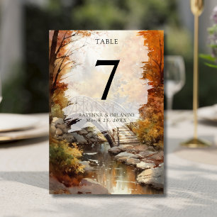 Numéro De Table Pont de mariage d'automne à l'aquarelle en bois