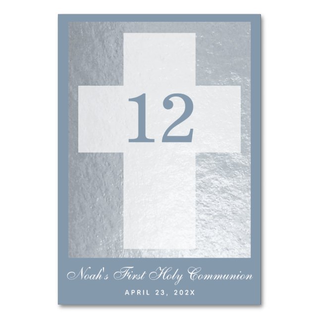 Numéro De Table Première communion Croix bleu Dusty Faux Argent Bo (Par défaut)