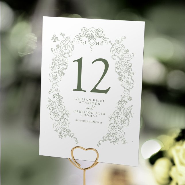 Numéro De Table Printemps Fleur de lis mariage sage vert blanc art (Créateur téléchargé)