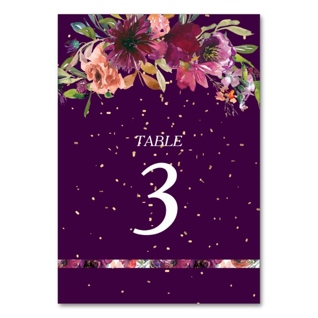 Numéro De Table Profond violet vif Floral Mariage Confetti or (Par défaut)