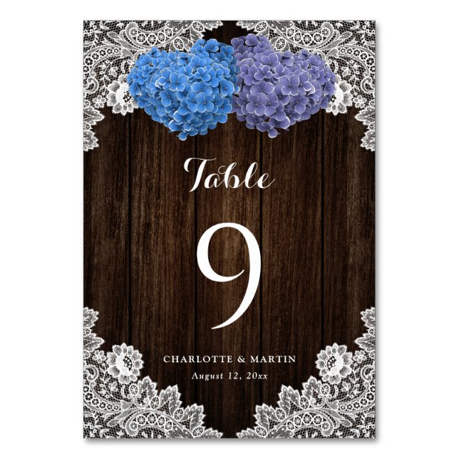 Numéro De Table Purple Blue Floral Lace Rustic Wood (Par défaut)