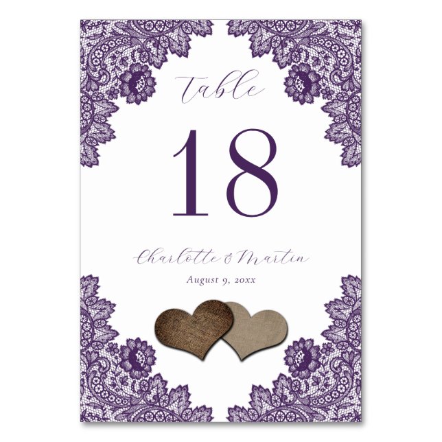 Numéro De Table Purple Floral Lace Burlap Hearts Rustic (Par défaut)