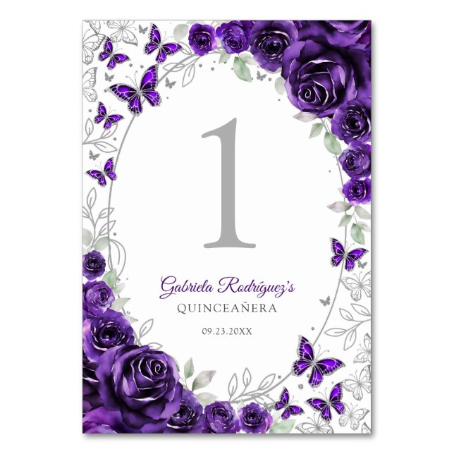 Numéro De Table Purple Silver Floral Quinceanera (Par défaut)