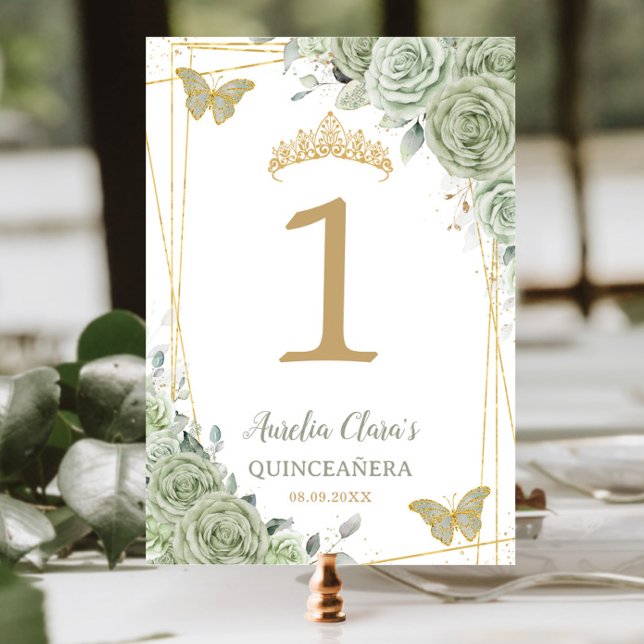 Numéro De Table Quinceañera Anniversaire Sage Green Floral Papillo (Créateur téléchargé)