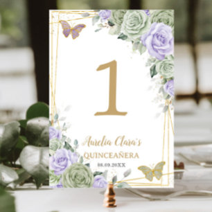 Numéro De Table Quinceañera Anniversaire Sage Vert pourpre Rose Fl