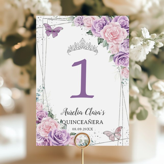 Numéro De Table Quinceañera Anniversaire Violet Lilac Pale Rose Fl (Créateur téléchargé)