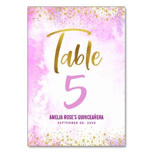Numéro De Table Quinceañera Aquarelle rose or Parties scintillant