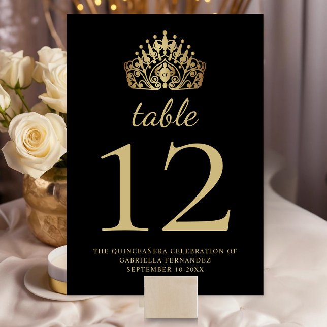 Numéro De Table Quinceañera Black et Gold Princesse Tiara Couronne (Créateur téléchargé)