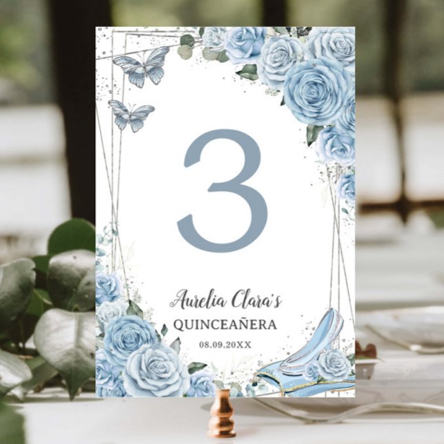 Numéro De Table Quinceañera Bleu Floral Princesse Cendrillon (Créateur téléchargé)