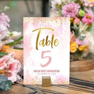 Numéro De Table Quinceañera Blush Pink Aquarelle or Parties scinti