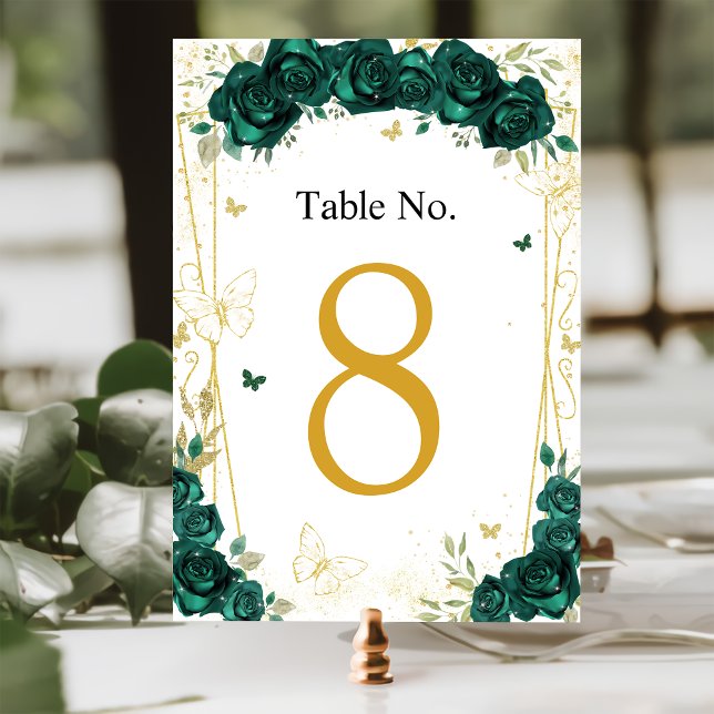 Numéro De Table Quinceañera Emerald Green Floral Papillons (Créateur téléchargé)