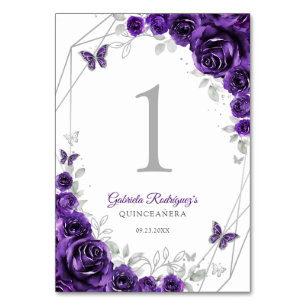 Numéro De Table Quinceanera Fleurie Argent Violet