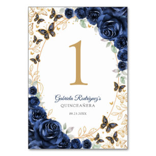 Numéro De Table Quinceanera Fleurs Or Marine