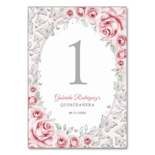 Numéro De Table Quinceanera Floral Argent Rose