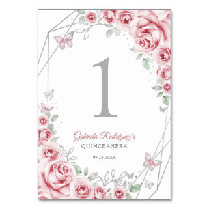 Numéro De Table Quinceanera Floral Argent Rose