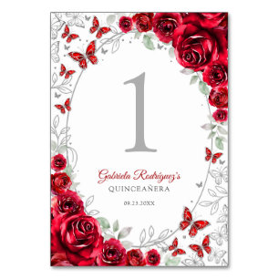 Numéro De Table Quinceanera Florale Argent Rouge
