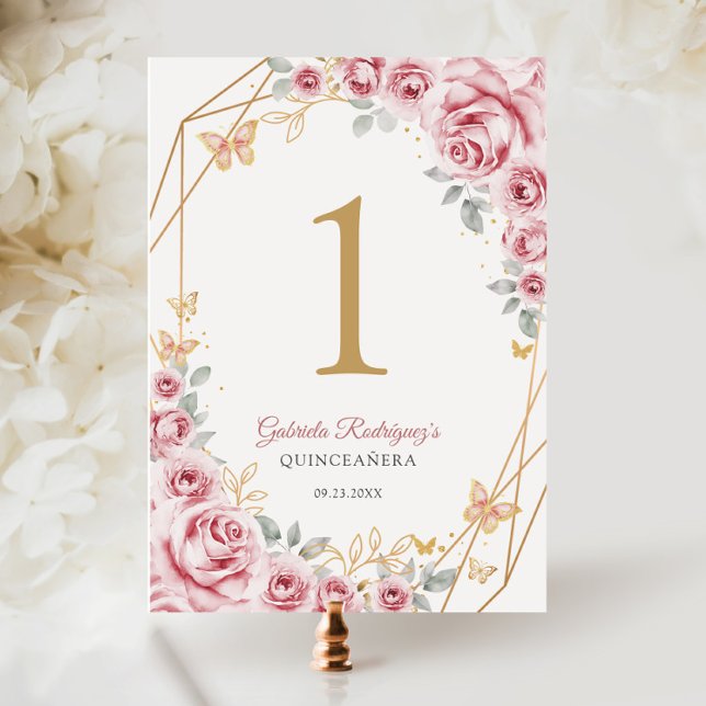 Numéro De Table Quinceanera Florale Or Rose (Créateur téléchargé)