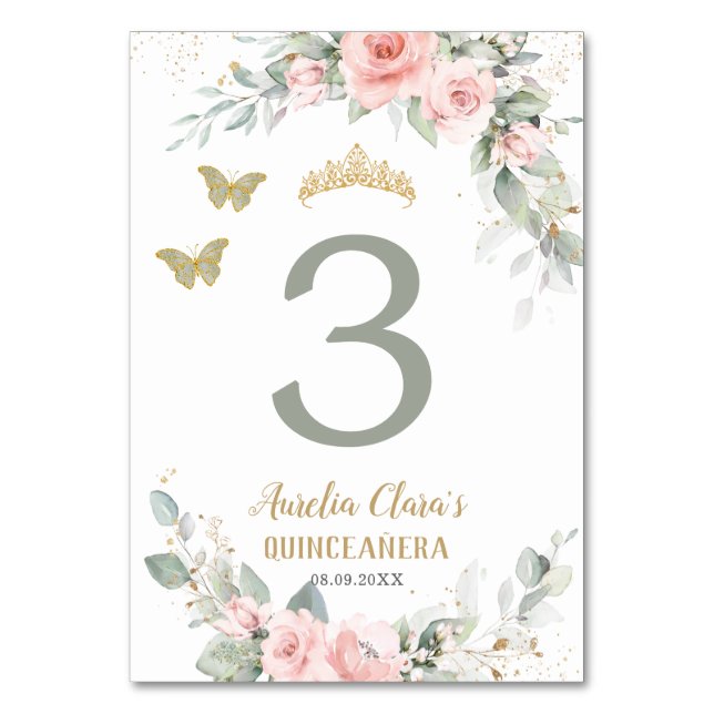 Numéro De Table Quinceañera Pink Floral Sage Papillons verts (Par défaut)