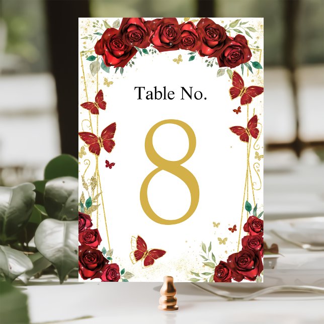 Numéro De Table Quinceañera Roses rouges Papillons floraux (Créateur téléchargé)