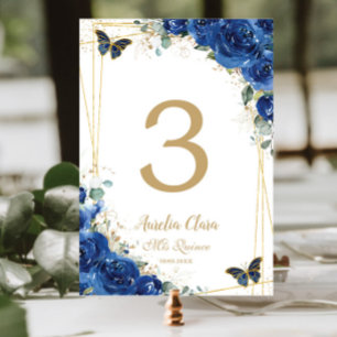 Numéro De Table Quinceañera Royal Blue Floral Gold Butterflies