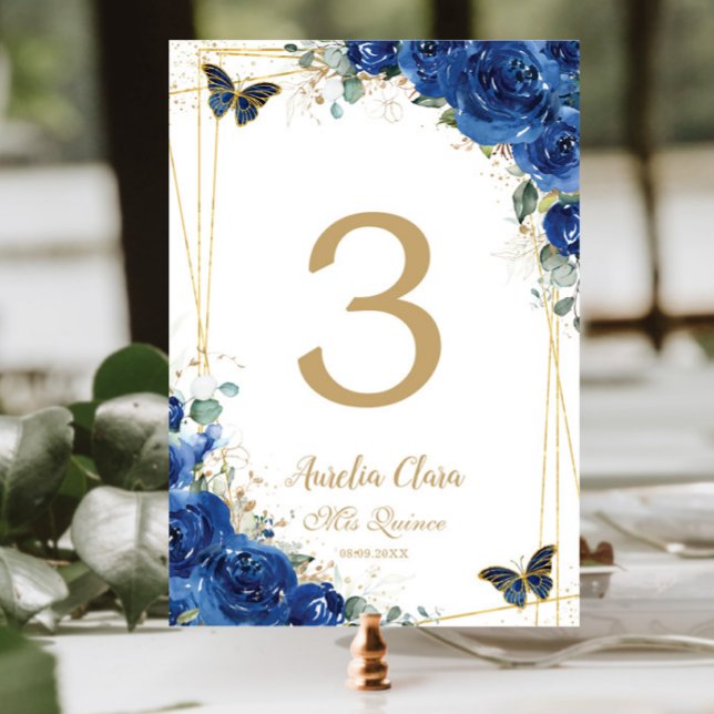 Numéro De Table Quinceañera Royal Blue Floral Gold Butterflies (Créateur téléchargé)