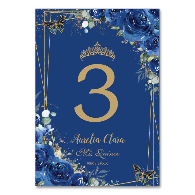 Numéro De Table Quinceañera Royal Blue Floral Gold Butterflies (Dos)