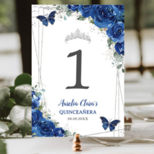 Numéro De Table Quinceañera Royal Blue Floral Papillons en argent