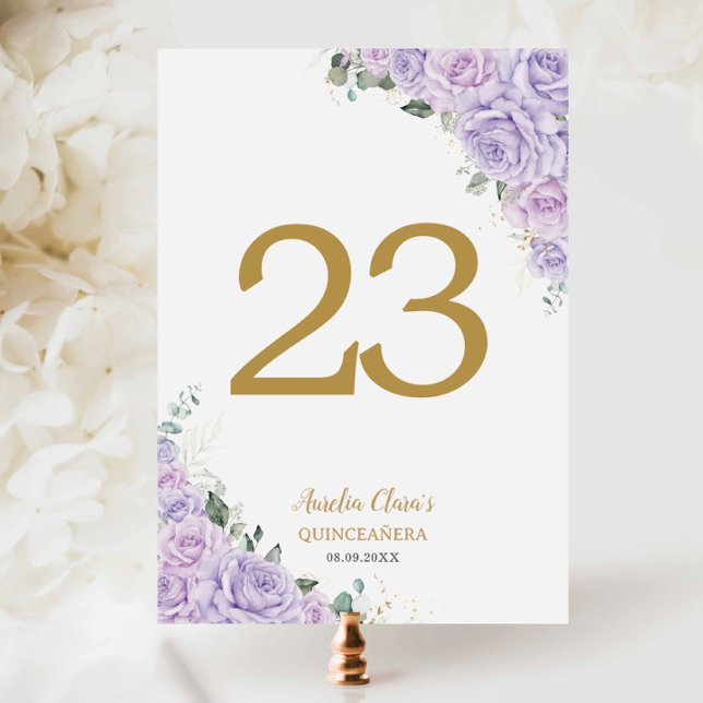 Numéro De Table Quinceanera XV Fleurs de lilas violet or (Créateur téléchargé)