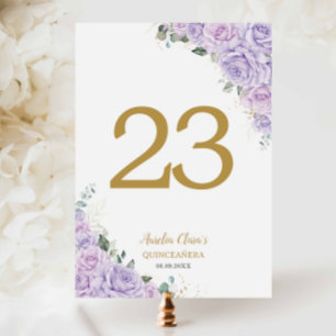 Numéro De Table Quinceanera XV Roses Lilas Violettes Floral Or