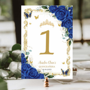 Numéro De Table Quinceañera XV Royal Blue Floral Papillons d'or