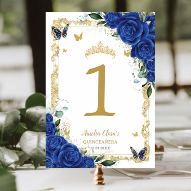 Numéro De Table Quinceañera XV Royal Blue Floral Papillons d'or (Créateur téléchargé)